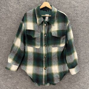 New Unbranded Jacket Women M Medium Green Plaid Button Up Collared Long Sleeve